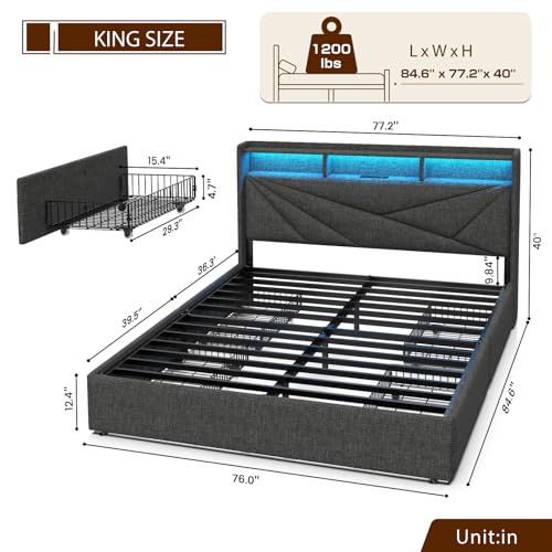 Driftalia King Size Bed Frame with 4 Storage Drawers, Upholstered King Bed Frame with Charging Station and LED Lights Headboard, No Box Spring Needed, Easy Assembly - Dark Grey Driftalia