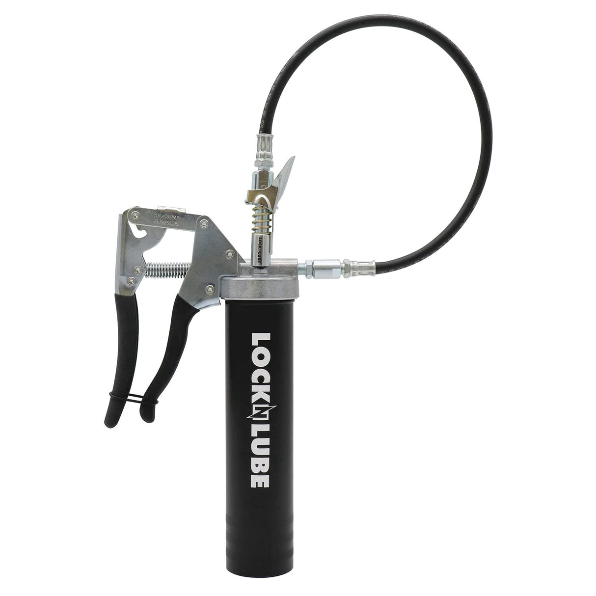 LockNLube Easy-Prime Pistol-Grip Grease Gun. Includes Our Patented Grease Coupler (Locks on, Stays on, Won't Leak!) Plus a 20" Hose and in-line Hose Swivel. LockNLube