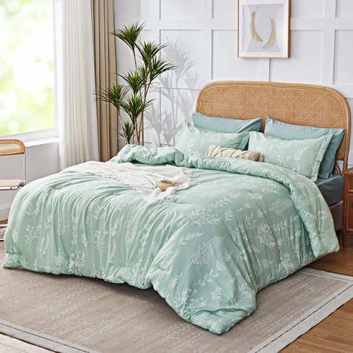 Kozyhvn Queen Comforter Set 7 Pieces, Sage Green Comforter, Cute Floral Bed in a Bag Queen Boho, Soft Fluffy Bedding Sets with Comforter, Sheets, Pillowcases & Shams, All Seasons Kozyhvn