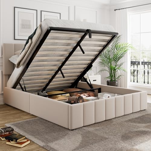 Gas Lift Up Storage Platform Bed, Upholstered Bed Frame with Hydraulic Storage System and Wooden Slat Support, Queen Size, Beige Merax