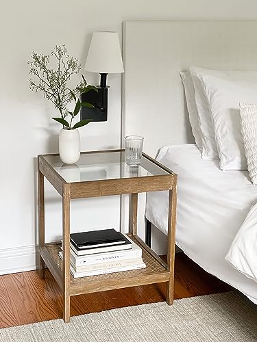 Nathan James 33301 Hayes Solid Wood Nightstand, Bedside, End or Side Table in Light Brown Wood Finish & Glass Top with Open Storage Shelf, 18 in x 18 Nathan James