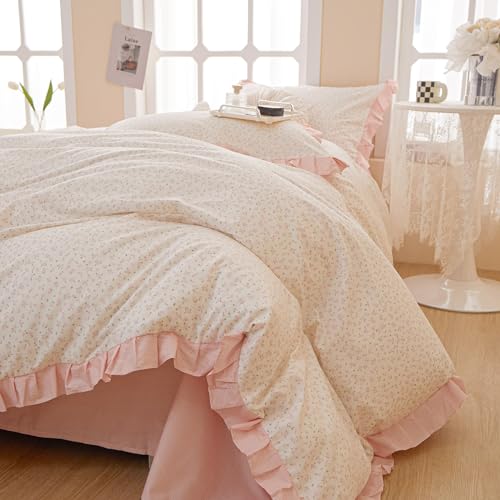Pink Flower Duvet Cover Twin Chic Floral Print Ruffle Duvet Cover Cotton Lace Comforter Cover Country Style Floral Bedding Set Romantic Ruffle Comforter Cover Flower Bedding Cover with 2 Pillowcases LifeTB