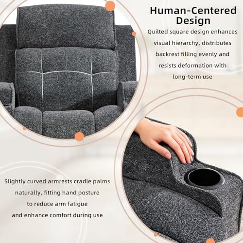CAMMOV Manual Recliner Chair, Single Sofa Recliners with Overstuffed Back, Manual Fabric Recliner with 2 Cup Holders, Single Reclining Sofa Recliner for Living Room Theater Seating,Grey