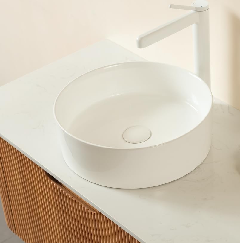 36 inch Bathroom Vanity with Sink, Floating Cabinet with Ultra-Thin Ceramic Basin and Marble Top, Large Storage Drawer, Soft-Close Design, Nature Wood AmbroVania