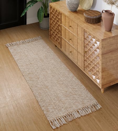 Collive Hallway Runner Rug, 2' x 5' Soft Washable Tan Contemporary Modern Laundry Room Indoor Hand-Woven Cotton Carpet for Bedroom Entryway Front Door Farmhouse Kitchen Collive