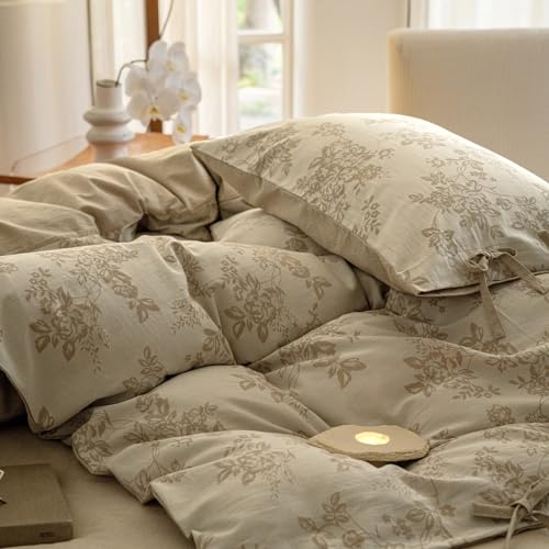 VM VOUGEMARKET Linen Cotton Duvet Cover Set King Retro Monet Flower Bedding Set,Jacquard Yarn-Dyed Textured Comforter Cover with Bowknot-104 x90,Khaki VM VOUGEMARKET
