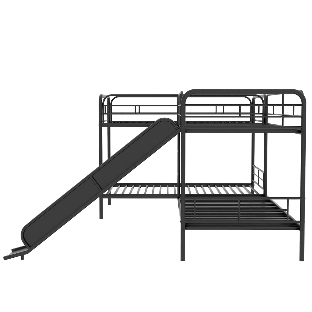 DNChuan Quad Bunk Beds,Metal L-Shaped with Slide and Ladder,Twin Size Bunk Beds for 4 - Black DNChuan