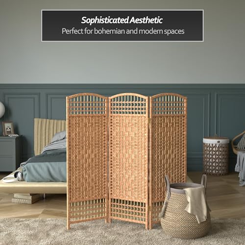 4 ft. Short Fiber Weave Folding Screen - Natural - 3 Panels Red Lantern