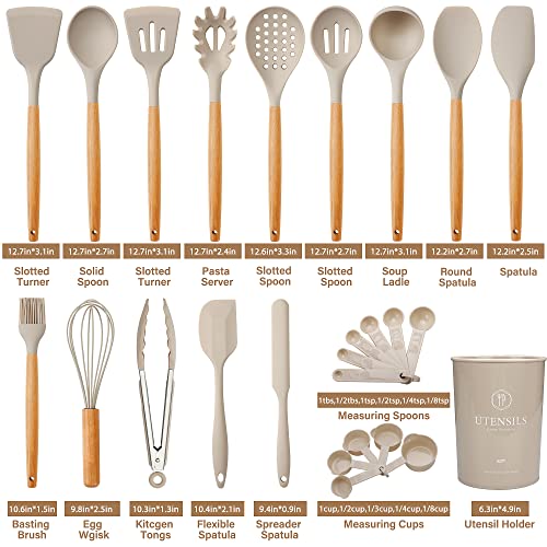 NCUE Kitchen Utensils Set with Holder, 26 pcs BPA Free Non-stick, Wooden Handle Heat Resistance Silicone Spatula Spoon Kitchen Gadgets Cooking Utensils Set (Khaki) NCUE