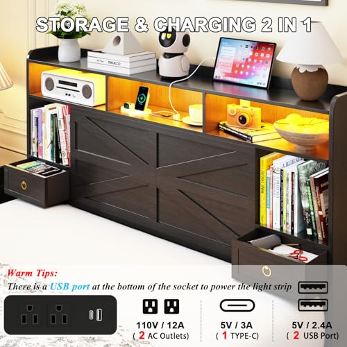 Etditrnp Full Bed Frame with Storage Headboard, Farmhouse Platform Bed Frame with Bookshelf, Drawers, LED Lights and Charging Station, Metal Slats Support, Noise Free, No Box Spring Needed, Black Etditrnp