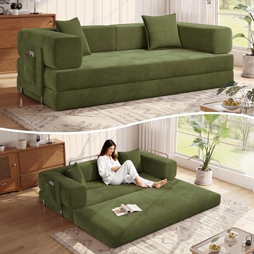 MoonSpeak 78.8''Sleeper Couch Bed for Livingroom,Convertible Modular Sofa with Armrest Pillow,Modular Foldable Corduroy Couches in a Box,No Assembly (Green) MoonSpeak