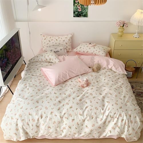 Sedefen Pink Floral Duvet Cover Full Size Romantic Flower Green Botanical Bedding Set 3Pcs Kids Boys Girls Spring Garden Aesthetic Flowers Soft Breathable Microfiber Comforter Cover with 2 Pillowcases Sedefen