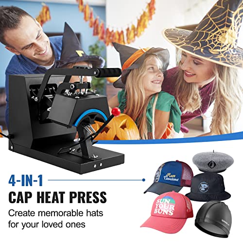 VEVOR Hat Heat Press with 4pcs Interchangeable Platens(6"x3"/6.7"x2.7"/6.7"x3.8"/8.1"x3.5"), Cap Heat Press for Stuctured Hats, Rigid Steel Frame No Stick Digital LCD Timer and Temperature Control VEVOR
