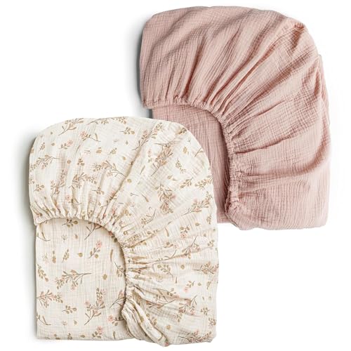 Konssy Muslin Crib Sheets for Girl Boy, 2 PCS Soft and Breathable Cotton Baby Sheets for Standard Crib Mattress, 52"x 28" (Floral, Pink) Konssy