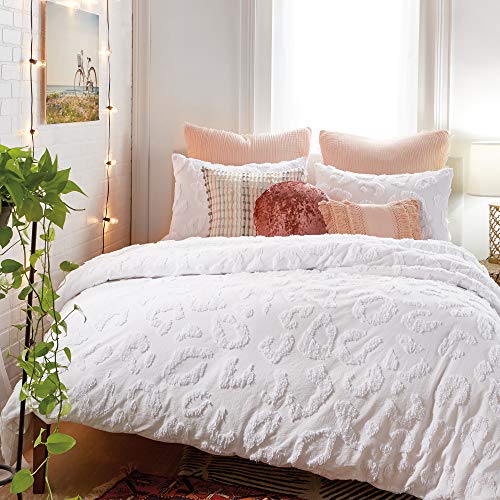 Peri Home Chenille Leopard 100% Cotton 3-Piece Duvet Cover & Sham Set, Full/Queen, White Peri Home