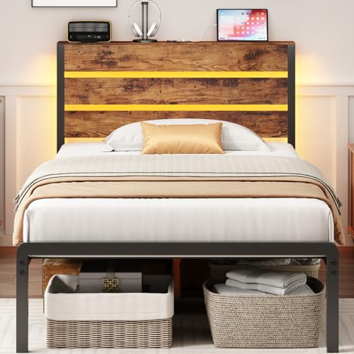 TIGUBFRE Twin Bed Frames with Storage Headboard & Charging Station, Platform Bed Frame Twin Size with LED Lights, Metal Slats, Noise Free, No Box Spring Needed, Rustic Brown TIGUBFRE