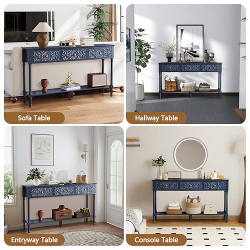 weselon 55.5" Carved Console Table with 3 Drawers, 2-Tier Sofa Table with Glossy Floral Surface and Solid Wood Legs, Mid-Century Modern Entryway Table for Living Room Hallway (Midnight Blue) weselon