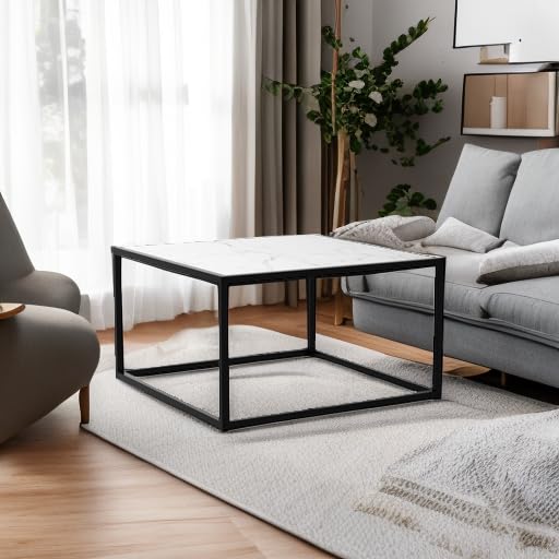 SAYGOER White Coffee Table,Small Square Coffee Table,Modern Center Table for Living Room Office 27.6 * 27.6 * 15.7 Inch, Easy Assembly, White Faux Marble Top SAYGOER