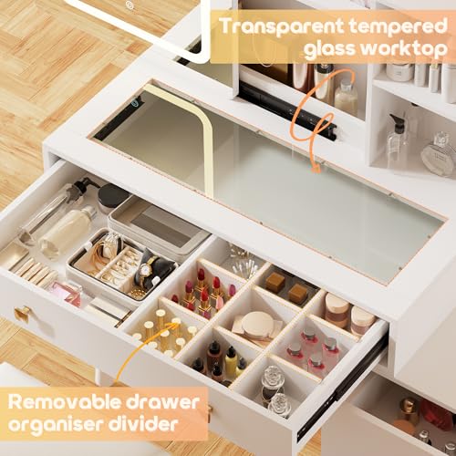 KAMABOKO Vanity Desk with LED Lights Mirror & Power Outlet, Small Makeup Vanity Table Set with 3 LED Lights Modes Adjustable Brightness,Dressing Table for Women and Girls Bedroom (055 White) KAMABOKO
