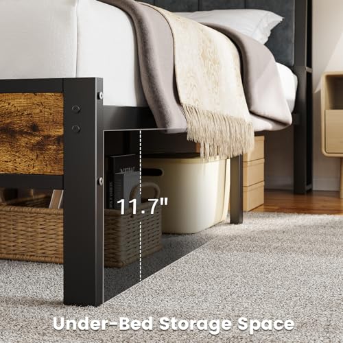 Liians Full Size Bed Frame with Smart LED Light, Wood Storage Charging Station Headboard, Metal Platform Bed, No Box Spring Required, Easy Assembly, Noise Free Liians