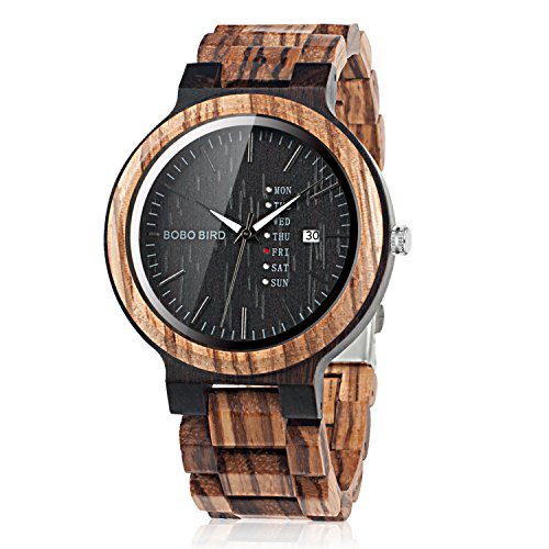 BOBO BIRD Mens Wooden Watch Analog Quartz with Week Display Lightweight Handmade Wood Wrist Watch for Men (Black Dial) BOBO BIRD