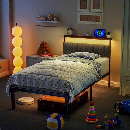 Woanke Twin Bed Frame With Headboard Upholstered, Twin Frame with LED & Charging Station, Twin Metal Bed Frame Assemble Easily, Noise-Free Bed Frame Twin, Black Twin Bed Frames for Kids & Adults,Black Woanke