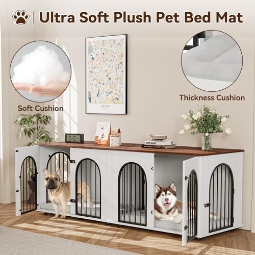 71" Large Dog Crate Furniture for 2 Dogs, Wooden Double Dog Crate, Indoor Dog Kennel TV Stand with Divider and Cushion for Large Medium Dogs, White/Brown GarveeLife