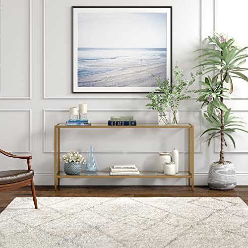 Henn&Hart 64" Wide Rectangular Console Table with Glass Shelf in Brushed Brass, Entryway Table, Accent Table for Living Room, Hallway Henn&Hart