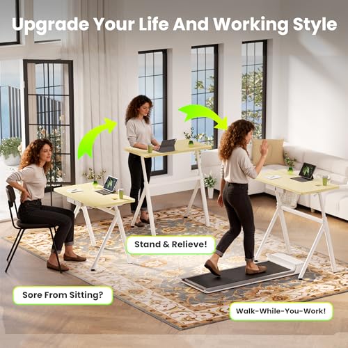 WALKINGDESK Standing Desk, 4-Leg Pneumatic Adjustable Desk for Walking Pad Treadmill - Stable No Wobble Fixed Frame, 40” Computer Desk with Fabric Drawer for Home Office, Gaming Desk, Oak WALKINGDESK