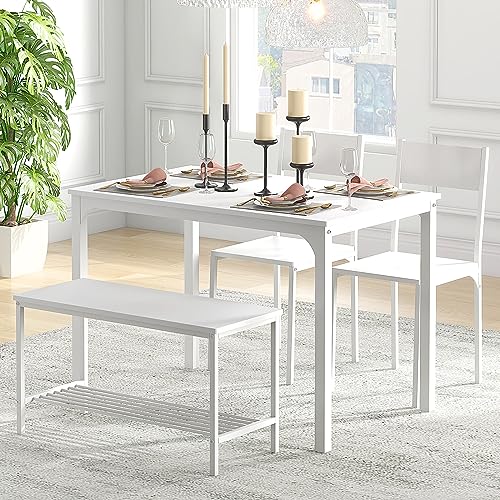 DlandHome 4 Person Dining Table Set, Dining Table with 2 Chairs and 1 Bench,Rectangular Space-Saving Dinner Table with Two Benches for Kitchen DlandHome