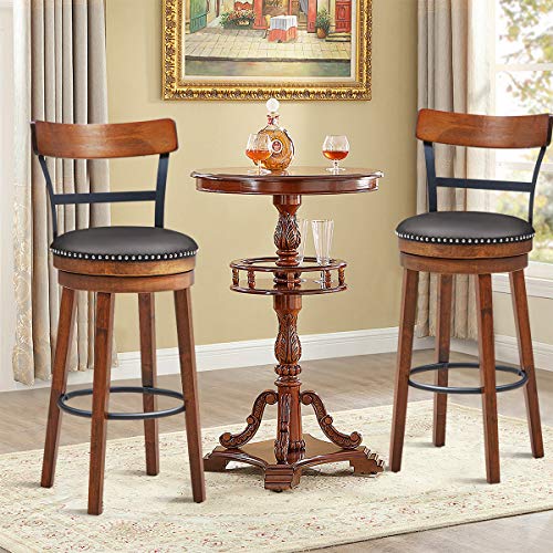 COSTWAY Bar Stools Set of 2, 360-Degree Swivel Stools with Leather Padded Seat, Single Slat Ladder Back & Solid Rubber Wood Legs, Bar Height Stools for Pub, Restaurant, Kitchen, Brown (2, 30.5) COSTWAY