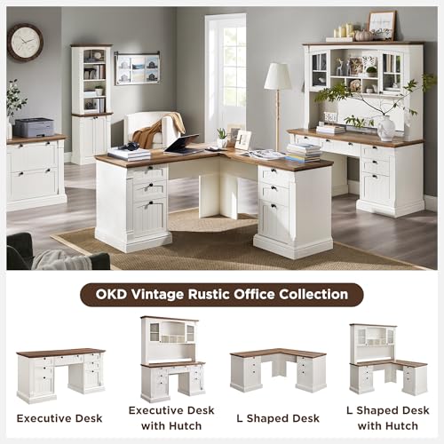 OKD 60" Executive Desk with Hutch and Drawers, Farmhouse Home Office Desk with Charging Station, Keyboard Tray, File Cabinet Storage, Wood Computer Desk for Work and Study, Antique White OKD
