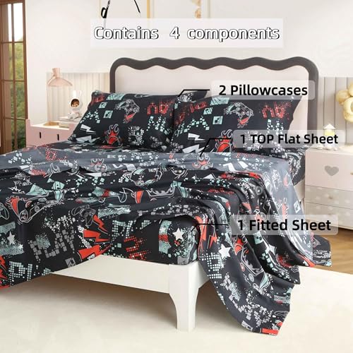 SDY 4PCS Gaming Bed Sheet Full,Super Cute Soft Game Console Bedding Sheet Sets for Boys, Girls, Kids and Toddler, Bed in a Bag with 1 Fitted Sheet+ 1 Top Flat Sheet + 2 Pillowcases SDY