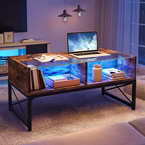 Bestier LED Coffee Tables for Living Room, 42 Inch Wood Center Table with Glass Top for Game Night. Rustic Brown Bestier