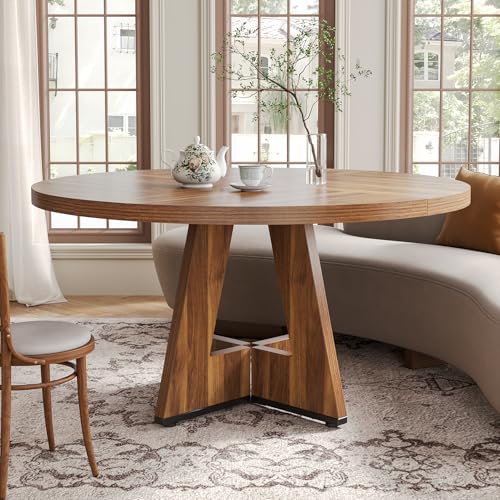 LITTLE TREE Round Dining Table for 4-6 People, 47 Inches Dining Room Table with Wooden Pedestal Base, Brown Dinner Tables, Circle Kitchen Tables for Dining Room, Kitchen, Living Room(Table Only) LITTLE TREE