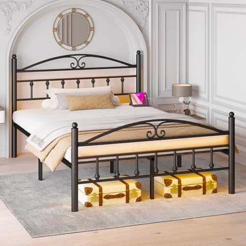 Samurbex Queen Bed Frame with Headboard,Black Metal Platform Bed Frame Queen Size with LED Lights & Charging Station,Heavy Duty Metal Steel Slats,No Box Spring Needed,Noise Free,Easy to Assemble Samurbex