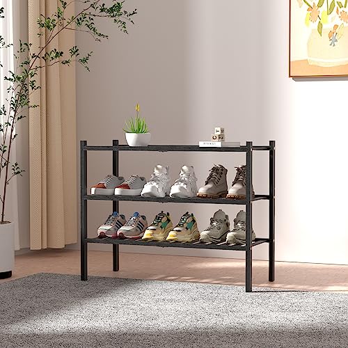 ROMGUAR CRAFT 3 Tier Bamboo Shoe Rack for Closet Free Standing Wood Shoe Shelf Storage Organizer for Entryway Small Space Stackable 27"x11"x20" (Black) ROMGUAR CRAFT