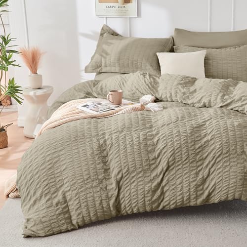 HYMOKEGE Linen Full Size Comforter Sets Seersucker 7 Pieces, All Season Luxury Bed in a Bag for Bedroom, Bedding Set with Comforter, Sheets, Pillowcases & Shams HYMOKEGE