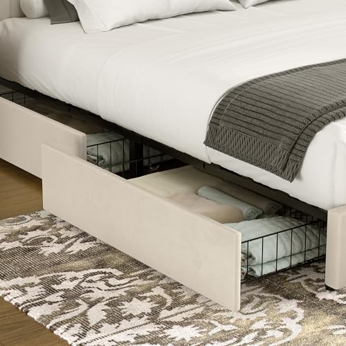 VECELO Queen Size Upholstered Bed Frame with 4 Drawers and Headboard, Velvet Platform Storage Bedframe, Wooden Slats Support, No Box Spring Needed, Beige VECELO