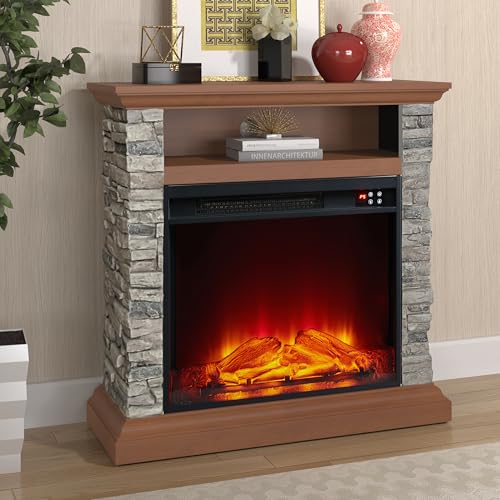 FESTIVITY 32 Inch Freestanding Mantel with 23" Electric Fireplace Insert for Living Room & Bedroom, Realistic Log and Flame Effect, Remote Control, Timer (Brown) FESTIVITY
