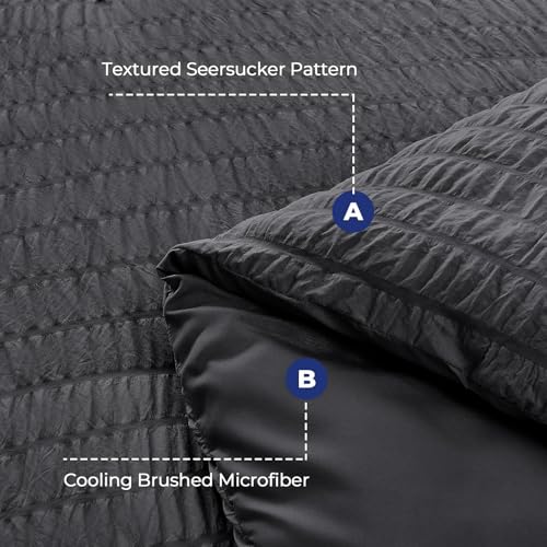 HYMOKEGE Dark Grey Duvet Cover Queen Size, Ultra Soft 3-Piece Seersucker Duvet Cover Set with Zipper Closure, Soft Brushed Microfiber Bedding Set with 8 Corner Ties (90"x90", 2 Pillowshams) HYMOKEGE