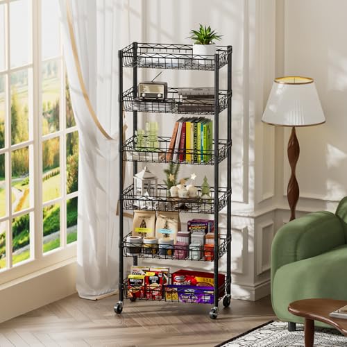 SINGAYE 6 Tier Basket Shelf Wire Shelving Unit Adjustable Storage Shelves Big Basket Rack for Garage Kitchen Office Pantry Corner 17" Dx12 Wx63 H Black SINGAYE