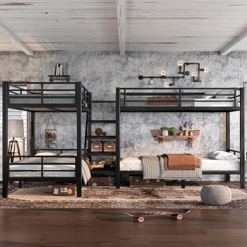 Bellemave Metal Quad Bunk Bed with Stairs for 4, L-Shaped Twin Size Quad Bunk Bed Frame,Heavy Duty Bunk Beds for Kids Teens Adults,Black Bellemave