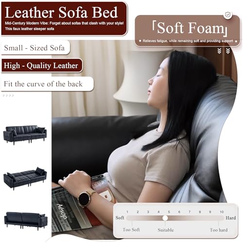 GULFXDS 83" Leather Couch for Living Room, Mid Century Modern 3 Seater Faux Leather Sofa, Comfy Convertible Futon Sofa with Adjustable Backrest for Office, Apartment (Black) GULFXDS