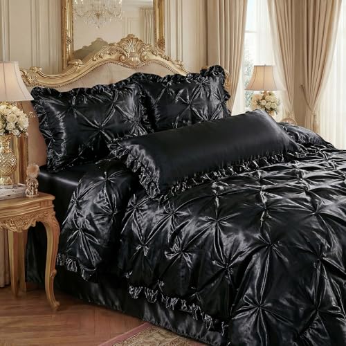 Bedbay Black Satin Comforter King Pinch Pleat Bedding Silk Like Satin Ruffled Duvet Set 4 Pcs with Black Ruffle Satin Body Pillow Cover Aesthetic Room Decor Luxury Silky Bedding Set for All Season Bedbay