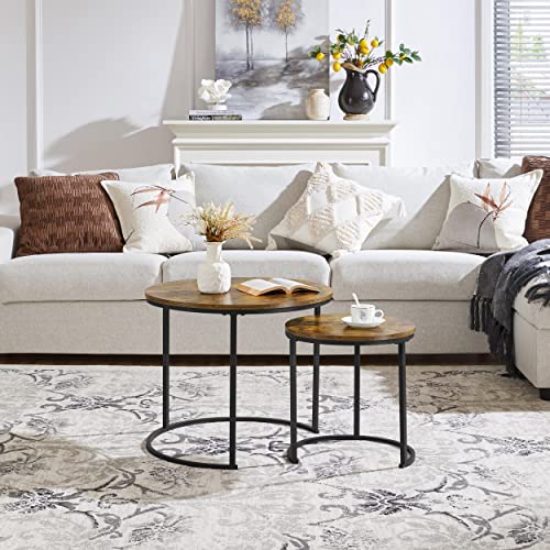 Yaheetech Nesting Coffee Table, Round Coffee Table for Living Room, Nesting Table with Wooden Tabletop and Sturdy Metal Frame, Stacking Living Room Tables Nesting End Table Set of 2, Rustic Brown Yaheetech