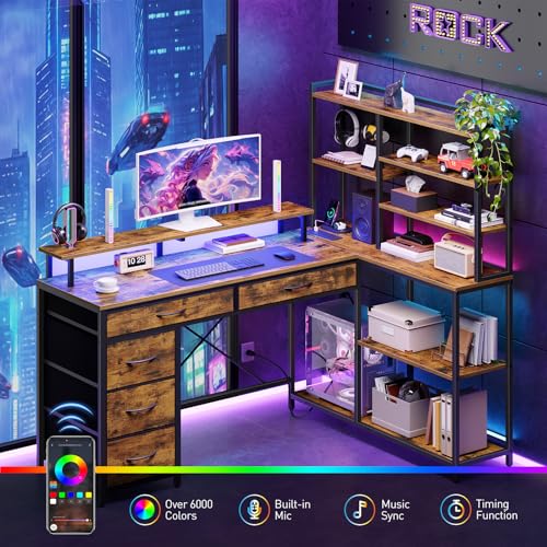 RALGEND L Shaped Computer Desk with Drawers, 53'' Gaming Desk with Storage Shelves, Corner Computer Desk with Power Outlets & LED Light, Home Office Desk with Monitor Stand and Pegboard, Rustic Brown RALGEND