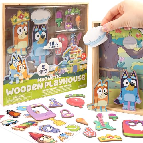 Horizon Group USA Bluey Magnetic Wooden Playhouse, 18 Piece Activity Set, Includes 2 Wooden Dolls House, Great Toys for Kids, Fun Birthday Party Activity, House Playset Horizon Group USA
