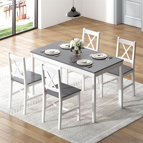 sogesfurniture 42.5" 4-Person Dining Table Set, 5 Pieces Pine Wood Kitchen Table with 4 Chairs,Indoor Modern Rectangular Dining Table Furniture Set for Kitchen, Dining Room, Dinette, Breakfast Nook sogesfurniture