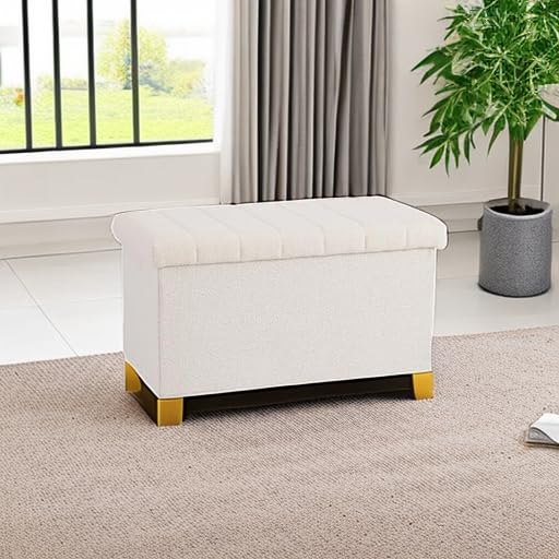 Seville Classics Cushioned Fabric Ottoman Hidden Storage Chest Footrest Chair, Padded Seat for Bedroom, Dorm, Loft, Living Room, Entryway, Hallway, White Boucle, 30" Bench Seville Classics